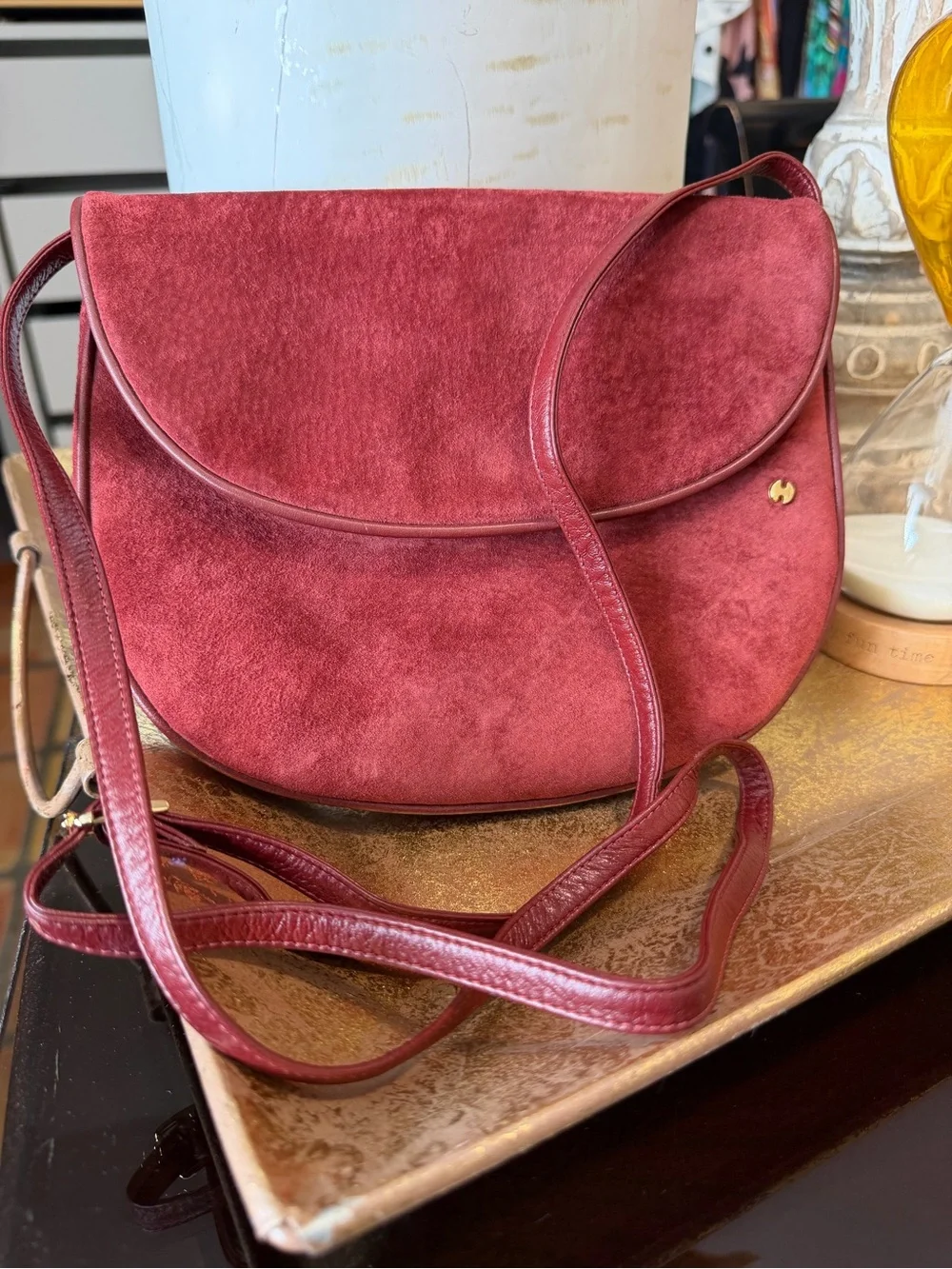 Vintage Halston Burgundy Suede Leather Saddle Crossbody Bag